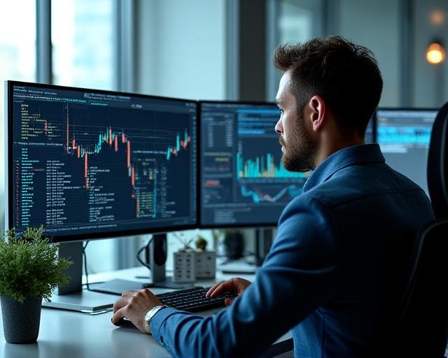 Professional trader analyzing multi-monitor dashboard with heatmaps